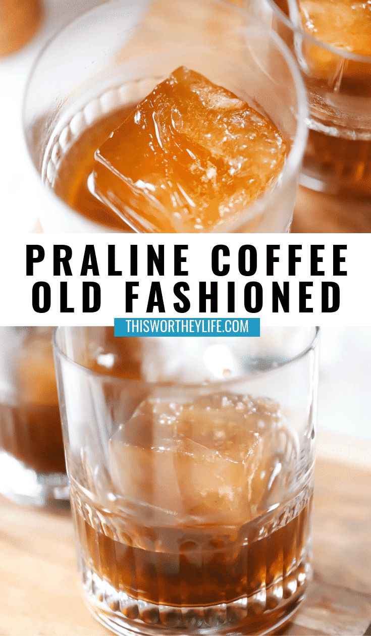 two glasses filled with liquid and ice on top of a wooden table in front of the words pralie coffee old fashioned