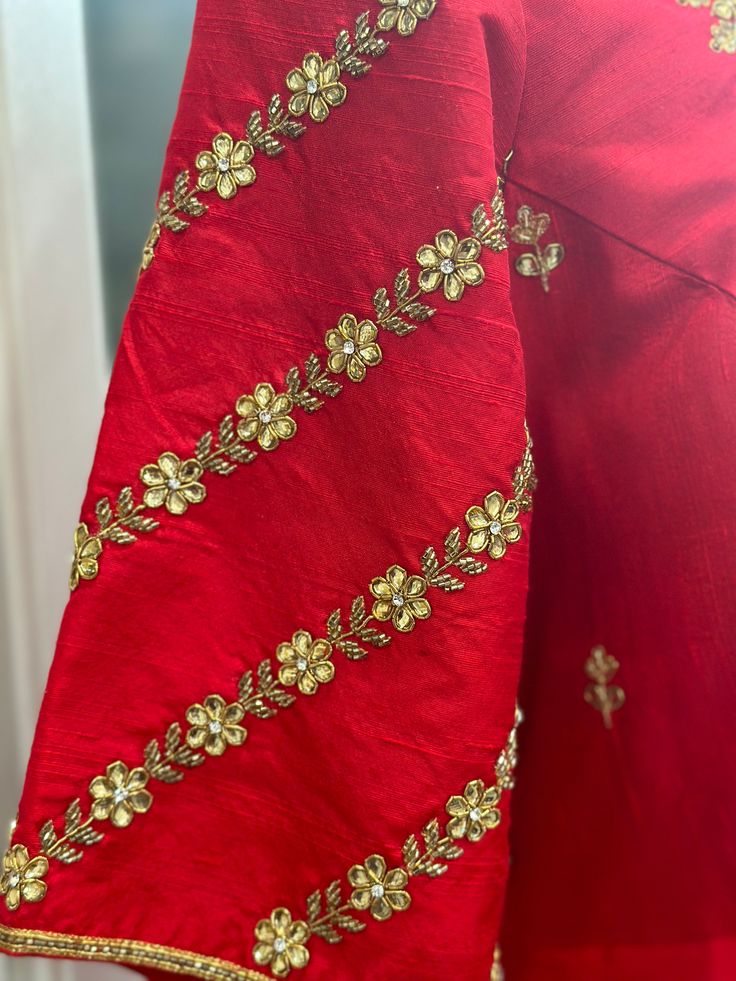 Hand embroidery Rawsilk yoke with Uppada silk flare and bandini dupatta length 55” size 40(Xl) comes with 2” margin each side back open Bandini Dupatta, Party Wear Dress, Custom Dress, Red Party, Party Wear Dresses, Custom Dresses, Raw Silk, Ethnic Wear, Blouse Designs