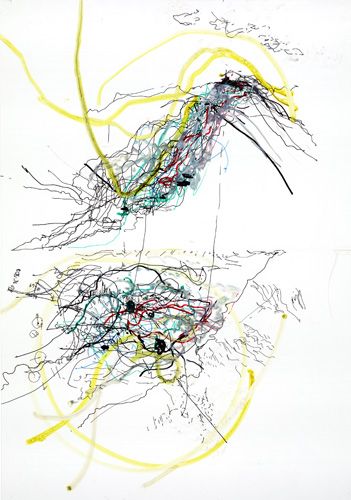 an abstract painting with yellow and green lines on it's side, in the middle of a white background