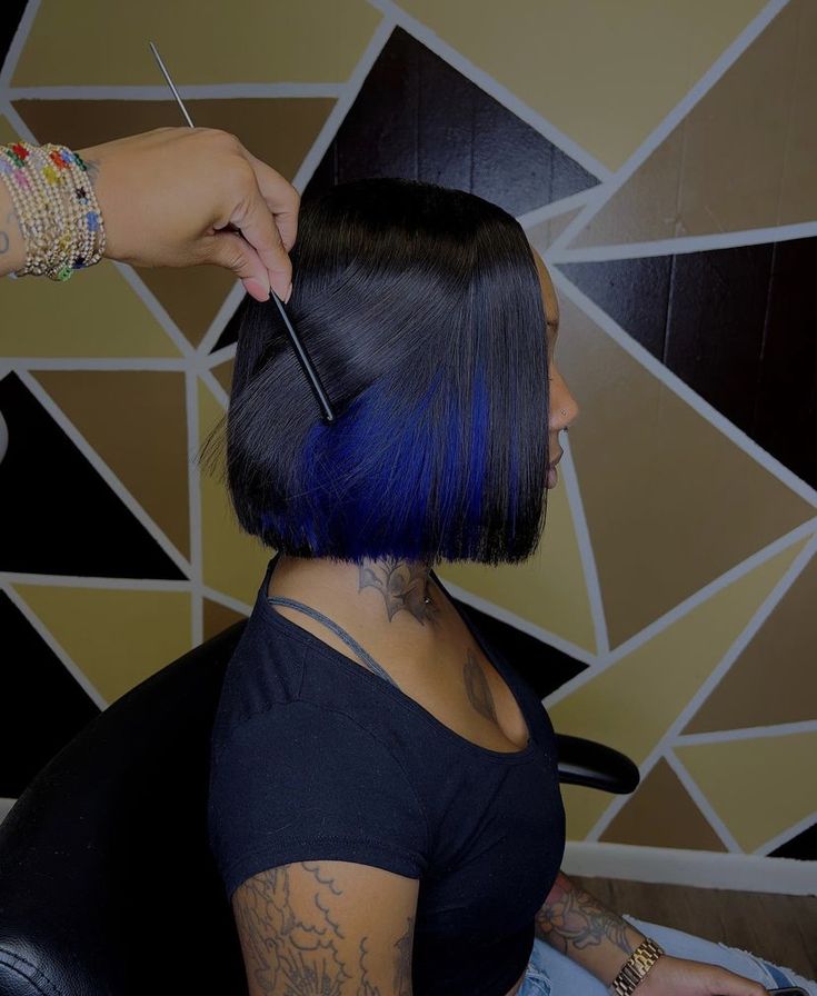 Blue Highlights Black Women, Hair Peak A Boo, Blue Peekaboo Sew In, Bobs With Peekaboo Color, Blue Hair Peekaboo, Peak A Boo Hairstyles, Blue And Purple Peekaboo Highlights, Bob With Blue Highlights, Peekaboo Blue Hair