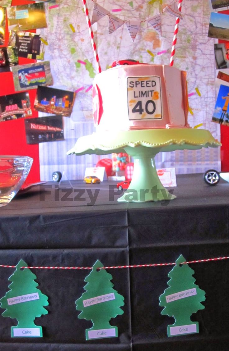 there is a cake that has been decorated with christmas trees on it and the words speed limit 40