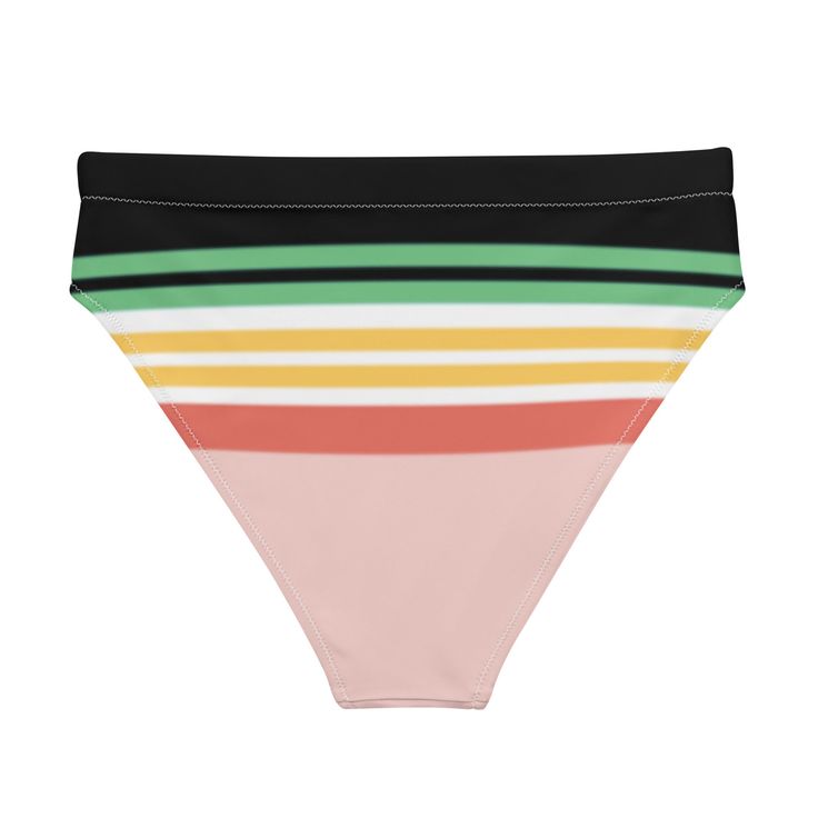 Vintage Hawaii Stripe bikini bottoms - retro stripe on a high-waisted bikini bottom. Comfortable, high-waisted, and double-layered—perfect for a beach day, paddleboard sesh or just chilling by the pool. Eco and style-conscious, this bikini bottom is made with recycled materials. • Fabric composition: 81% REPREVE recycled polyester, 19% LYCRA XTRALIFE • Fabric weight 7.52 oz • Double-layered and non-reversible • Tear-away care label • Zig-zag stitching Size guide WAIST HIPS XS (inches) 25 ¼ 35 ⅜ Multicolor High Waist Swimwear For Sunbathing, Multicolor High Waist Tankini For Beach Season, High Waist Multicolor Tankini For Beach Season, High Waist Striped Swimwear For Beach Season, Multicolor High Waist Tankini For Beachwear, Retro High Waist Swimwear For Pool, Retro High-waist Swimwear For Pool, Summer Striped Tie-side Bottoms, Striped Summer Bottoms For Sunbathing