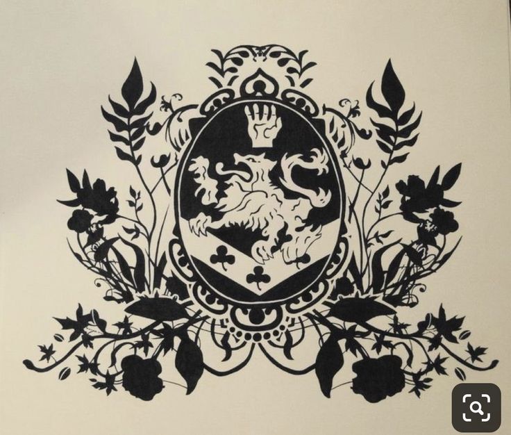 a coat of arms surrounded by flowers and leaves on a white background with black ink