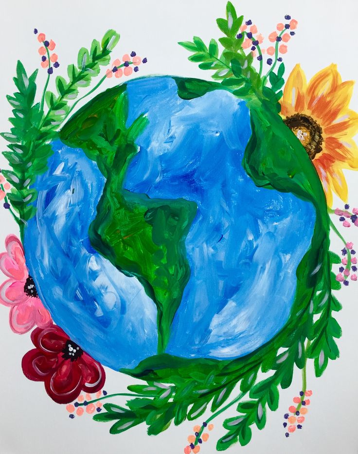 a painting of the earth surrounded by flowers and leaves