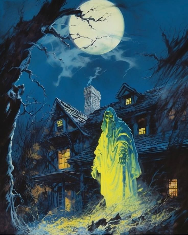 a painting of a ghost in front of a house