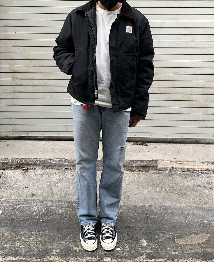 90s Jean Jacket Outfit, Carhartt Jacket Outfit, Blue Jeans Outfit Men, Estilo Vans, Inspo Fits, Jeans Outfit Men, Blue Jean Outfits, Trendy Boy Outfits, College Outfit