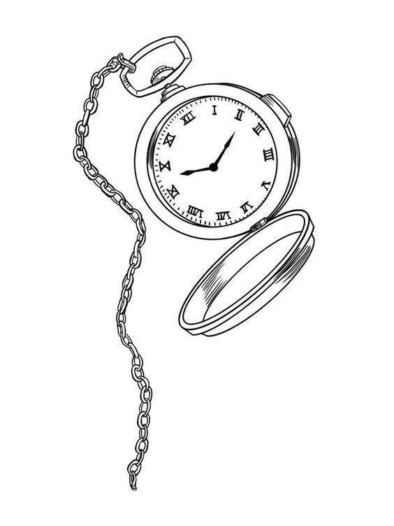 a drawing of an alarm clock hanging from a chain