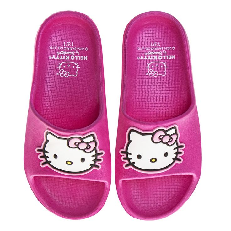 Dive into the world of playful cuteness with these delightful slides featuring the iconic Hello Kitty character. Crafted from soft, pliable rubber, these slides provide a comfortable and secure fit for all-day wear. The open-toe design allows for ventilation and breathability, keeping your child's feet cool and comfortable even on the hottest days. With a convenient slip-on closure, these slides can be easily slipped on and off, making them ideal for kids who are always on the go. Hello Kitty Shoes Size 5, Hello Kitty Flip Flops, Cute Slippers Hello Kitty, Hello Kitty Slippers Forever 21, Hello Kitty Print Summer Sleepwear, Shop Hello Kitty, Hello Kitty Characters, Closed Toe Shoes, Hot Days