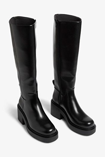 Chunky heeled black faux leather knee-high boots - Black - Monki NL Leather Knee High Lug Sole Boots, Chunky Heel Fall Boots, Knee High Leather Boots For Women, Boots Womens Black, Women's Boots Knee High, Tall Chunky Flat Boots, Knee Height Black Boots, Knee H8gh Boots, Chunky Black Boot With Dress