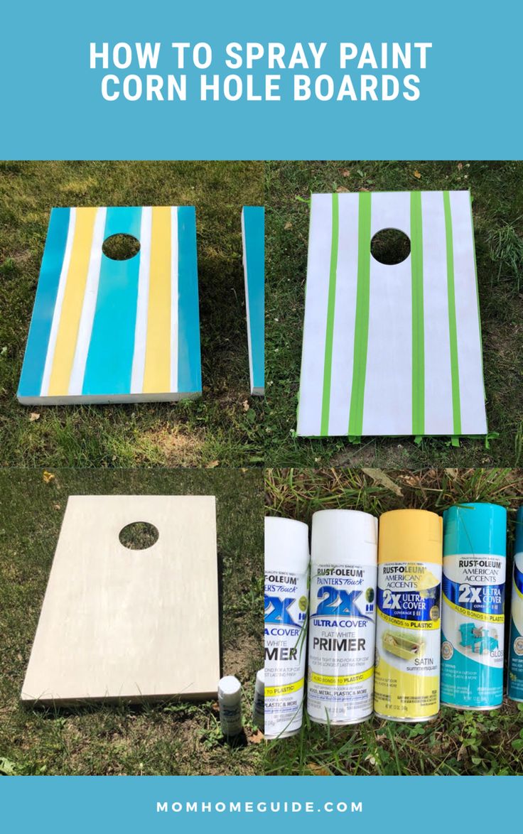 how to spray paint cornhole boards on the grass with blue and yellow striped bags