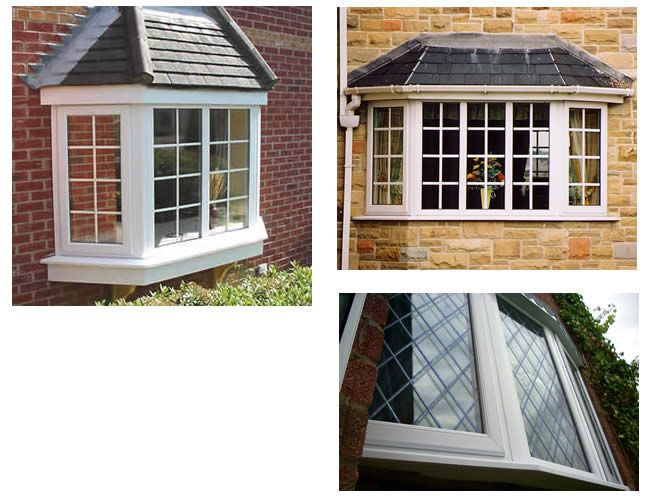 four different types of windows in front of a brick building