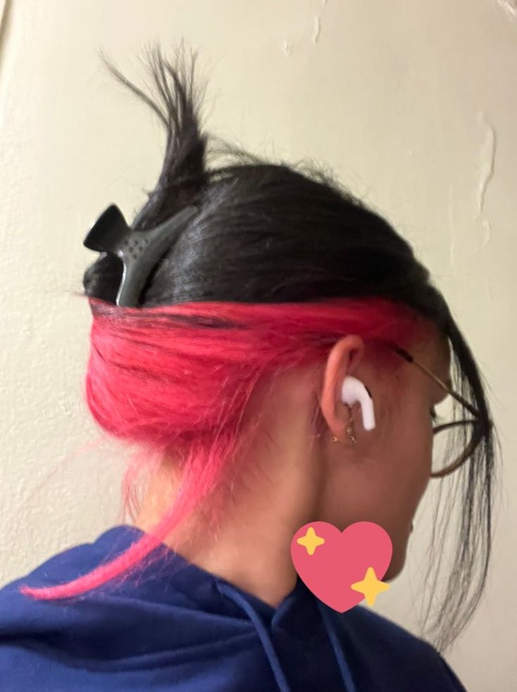 Dark Pink Hair Underneath, Underlayer Pink Hair, Pink Peekaboo Hair Brown, Underlayer Hair Dye Curly, Pink On Top Black On Bottom Hair, Pink Underdye Hair Black, Black Hair With Hot Pink Underneath, Underlayer Hair Dye, Dyed Underlayer