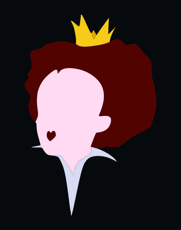 the silhouette of a woman with a crown on her head, wearing a red wig