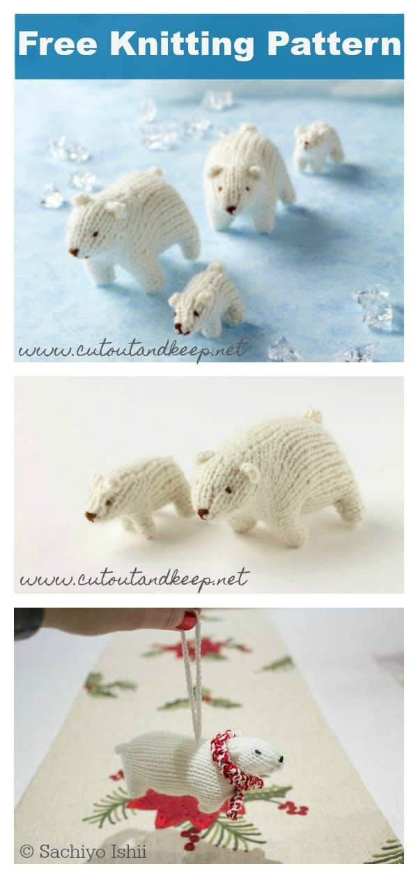 three different pictures showing how to make knitted polar bears