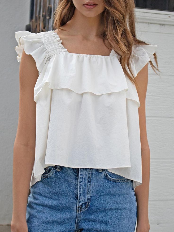 It's easy to wear, comfortable and looks good with just about everything. You will be more stylish in this blouse.Fits perfectly everywhere. - Soft and flowy, this blouse is the kind of layer we want to finish every outfit- Sleeveless and ruffle shoulder blouse- Slightly cropped length and elastic shoulder- This one features a A-line frilled design - Ready for those special occasions a tailored look is needed or mix it up with your favorite everyday pieces Versatile Sleeveless Blouse For Everyday, Versatile Relaxed Fit Tops For Brunch, Sleeveless Cotton Top For Brunch, Sleeveless Cotton Blouse For Brunch, Versatile Summer Blouse For Brunch, Versatile Tops For Summer Brunch, Casual Sleeveless Daytime Top, Versatile Summer Tops For Brunch, Trendy Sleeveless Top For Daytime