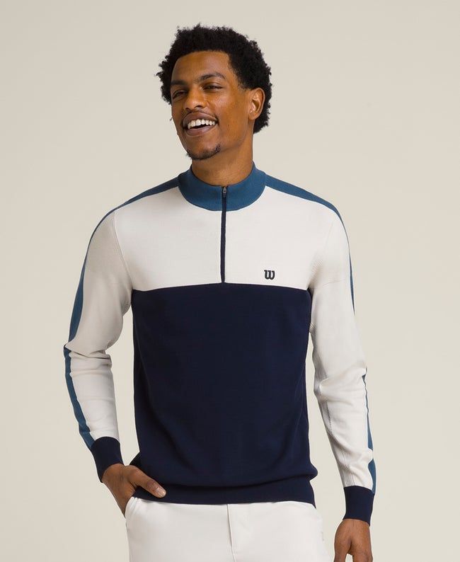 Take your off-course style up a notch. The Clubhouse Half-Zip serves up clean and easy style from collar to hem, with a fully-fashioned knit build and ribbed panels. Layer it over your performance golf polo shirts for an instant, clubhouse-ready look. Bonus: You get elevated comfort while you're at it. | Wilson Clubhouse Half-Zip Pullover - Size M Casual Winter Golf Tops, White Half-zip Top With Ribbed Collar, Winter Golf Tops With Long Sleeves, White Half-zip Sweater With Ribbed Collar, Uniform Accessories, Easy Style, Custom Football, Fully Fashioned, Half Zip Pullover