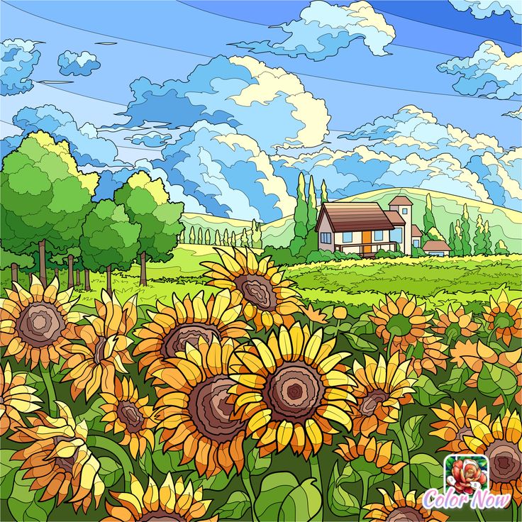 the sunflowers are blooming in front of a house and trees with clouds