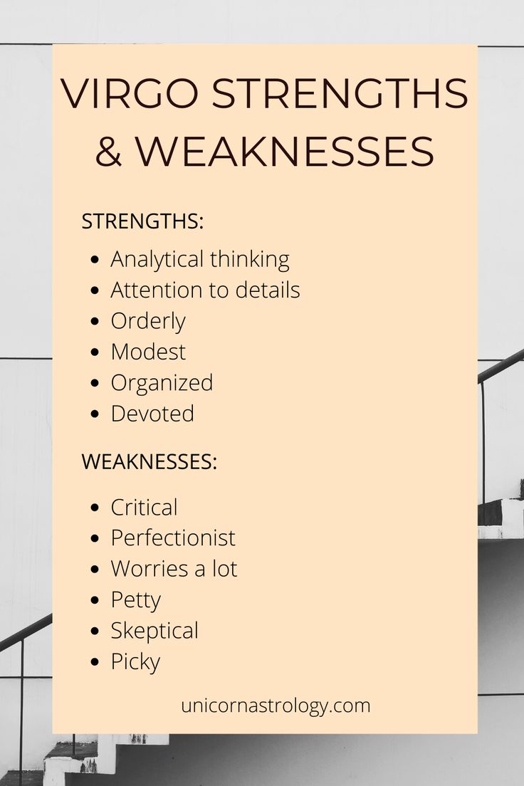 a poster with the words virgo strengths and weakness written in black on it