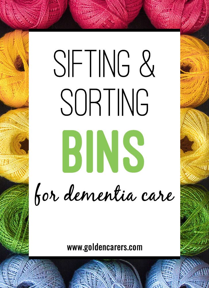 Sifting and Sorting Bins for Dementia Care: Sorting and sifting bins are a wonderful staple to include in easy-to-grab areas for caregivers, family members, and residents to enjoy together. Here are inspiration and instruction to get you started. Alzheimers Activities Crafts Projects, Sensory Activities For Adults, Dementiability Activities, Elder Activities, Memory Care Unit, Stimulation Activities, Memory Care Activities, Activities For Seniors, Senior Living Activities