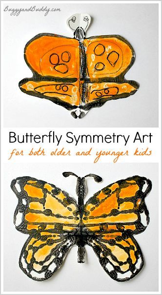 an orange and black butterfly with the words butterfly symmetry art for both older and younger kids