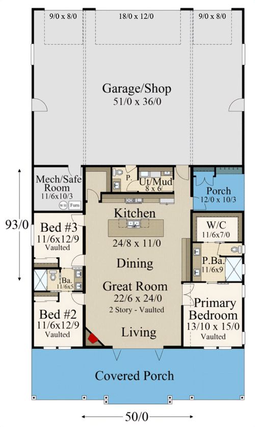 the floor plan for a two story house with an attached garage and living room area