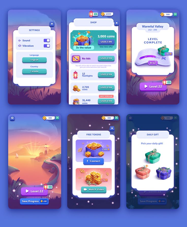 four screens showing different items in the game, including coins and other items for each item