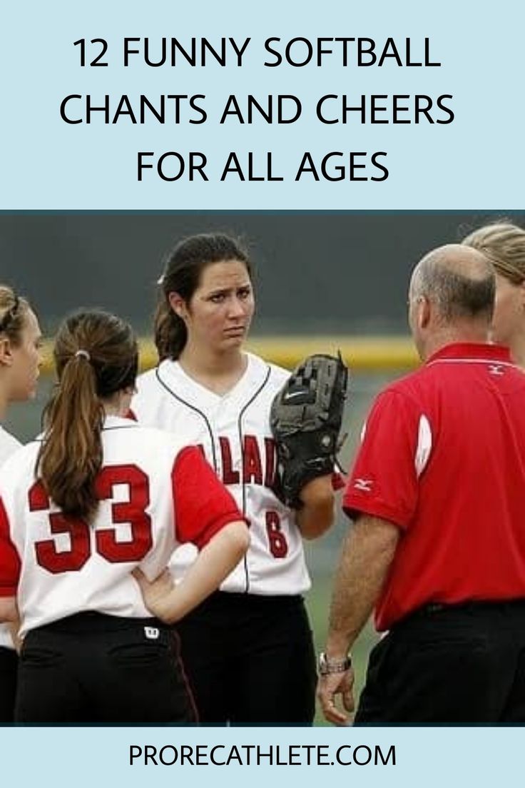 a group of girls in baseball uniforms talking to each other with text overlay that reads, 12 funny softball teams and cheers for all ages