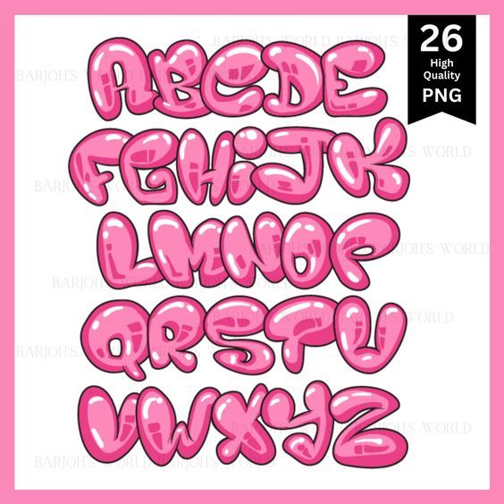 pink bubble font and lowercases with the letters below it in different sizes on a white background