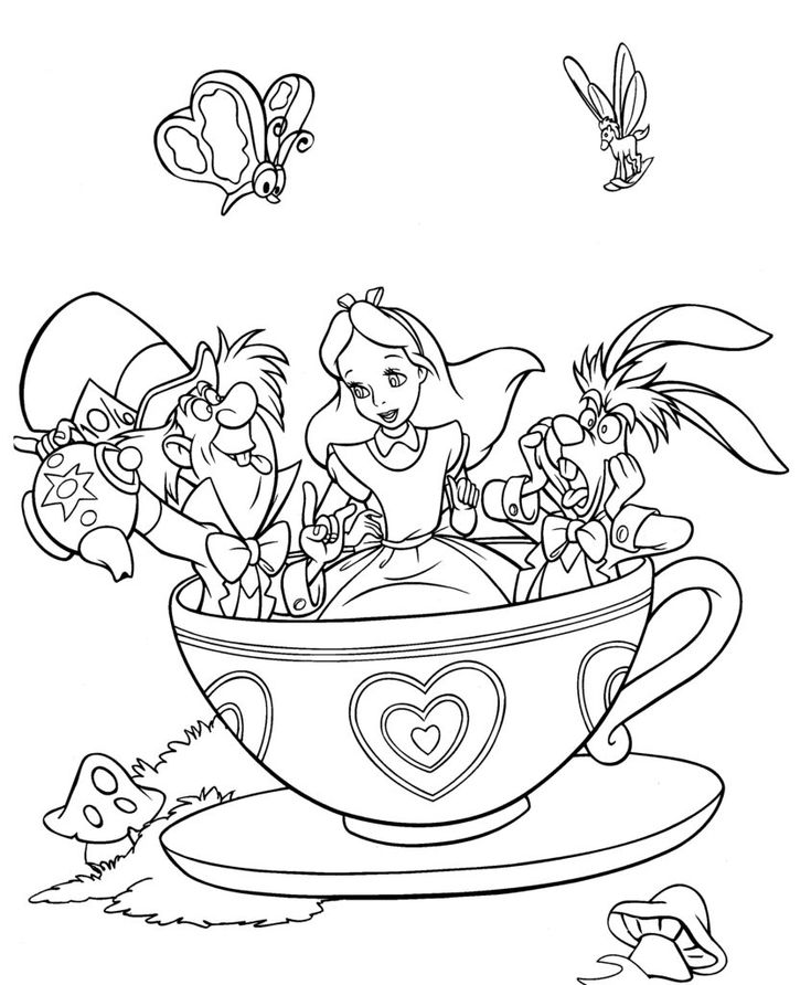 cartoon characters in a teacup coloring page