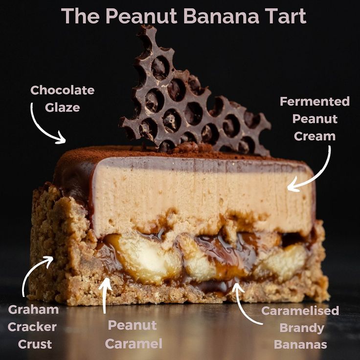 the peanut banana tart is made with chocolate, caramel and creme