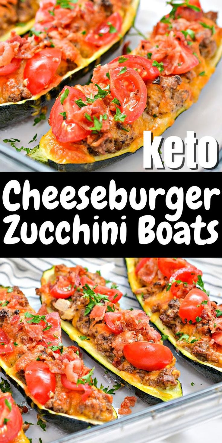 keto cheeseburger zucchini boats with tomatoes on top