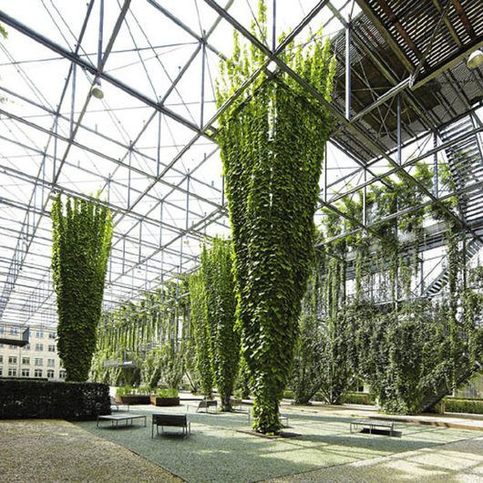 the inside of a building covered in plants