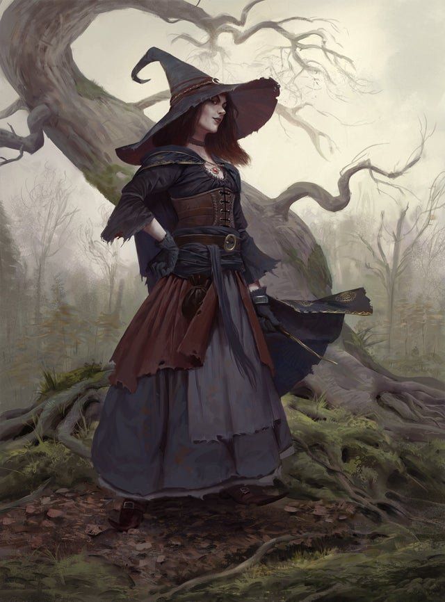 a painting of a woman dressed as a witch standing in the middle of a forest