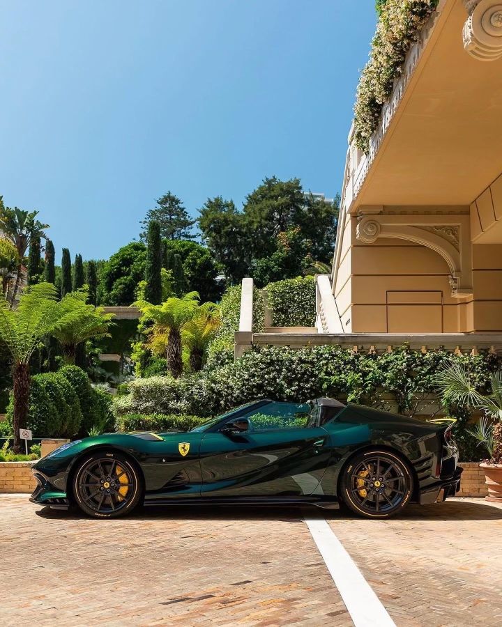 a black and green sports car parked in front of a building with plants on it