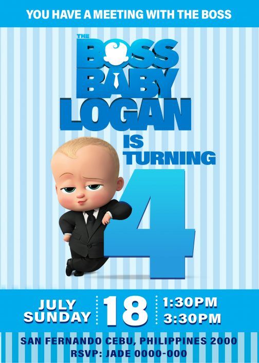 the boss baby is turning 4 birthday party card with an image of a little boy in a suit and tie