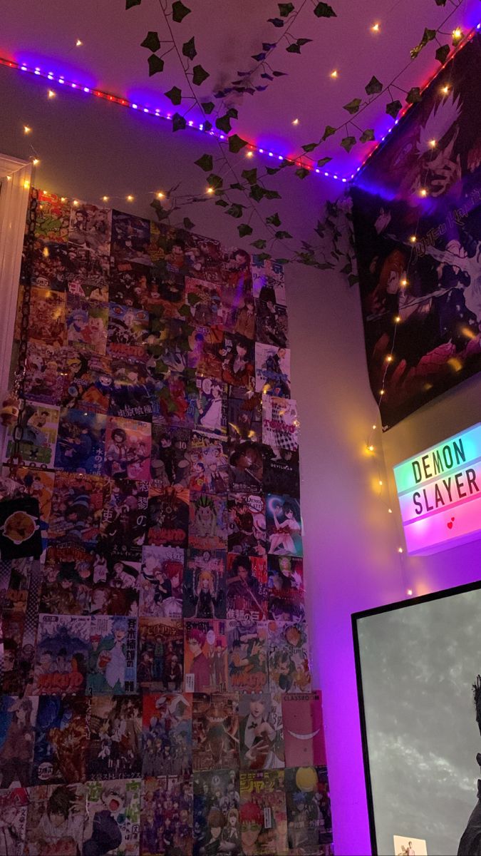 a room filled with lots of pictures and lights