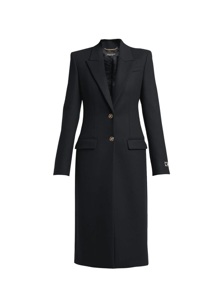 Find VERSACE Caban Cape Light-felted Wool Peacoat on Editorialist. Versace Caban cape felted wool peacoat features gold-tone button details Peak lapel collar Button front Long sleeves; logo patch at left Front ticket pocket; side flap pockets Below-the-knee hem Relaxed fit Wool/nylon Made in Italy Luxury Wool Coat With Buttons For Office, Evening Wool Outerwear With Buttons, Wool Evening Outerwear With Buttons, Luxury Outerwear With Gold Buttons For Fall, Tailored Winter Outerwear With Gold Buttons, Designer Tailored Outerwear With Gold Buttons, Tailored Outerwear With Gold Buttons For Fall, Designer Wool Coat With Buttons For Formal Occasions, Luxury Outerwear With Notch Lapel And Gold Buttons