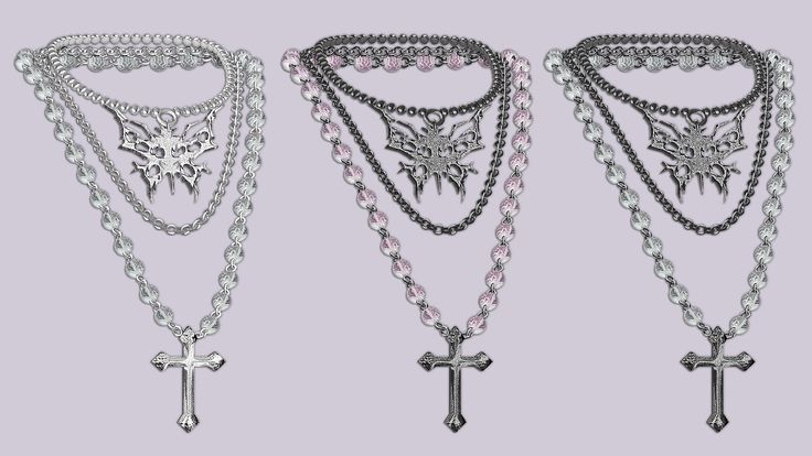 three different types of necklaces with chains and cross pendants on each one side