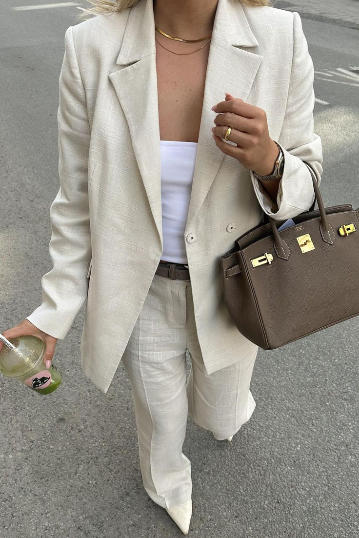 Linen Blend Blazer / Linen Blend Trousers Summer Business Casual Pantsuit With Notch Lapel, Classic Beige Pantsuit For Office, Classic Beige Office Pantsuit, Beige Business Casual Pantsuit With Notch Lapel, Beige Notch Lapel Pantsuit For Work, Beige Formal Pantsuit With Straight Pants, Formal Beige Pantsuit With Straight Pants, Classic Beige Pantsuit For Work, Beige Straight Pantsuit For Formal Occasions