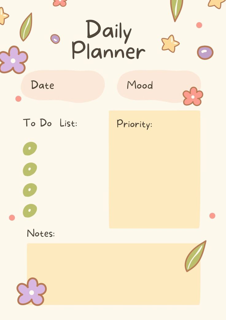 a daily planner with flowers and leaves on the side, including notes to do list