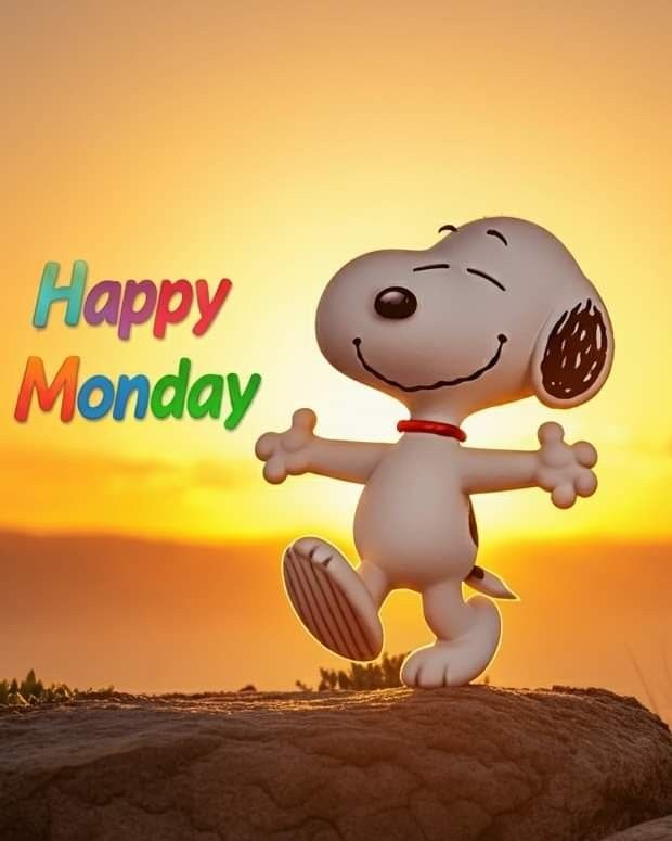 a cartoon dog is dancing in front of an orange sky with the words happy monday written on it