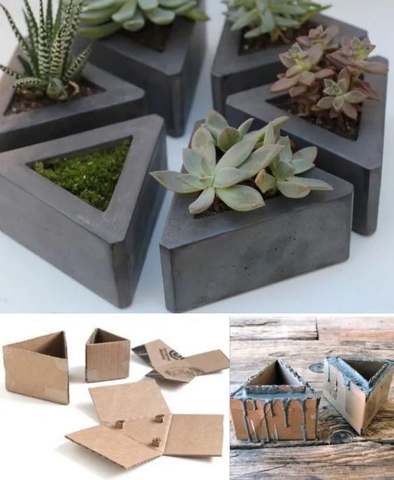 several different types of planters with succulents in them and some are made out of cardboard