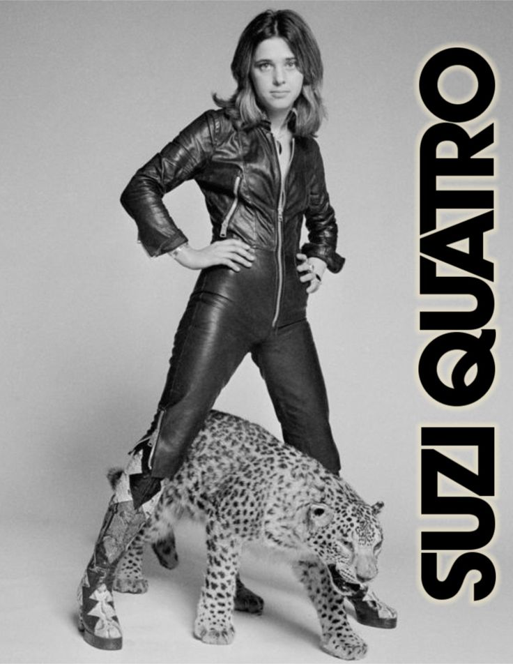 a woman standing next to a leopard on top of a white background with the caption's name