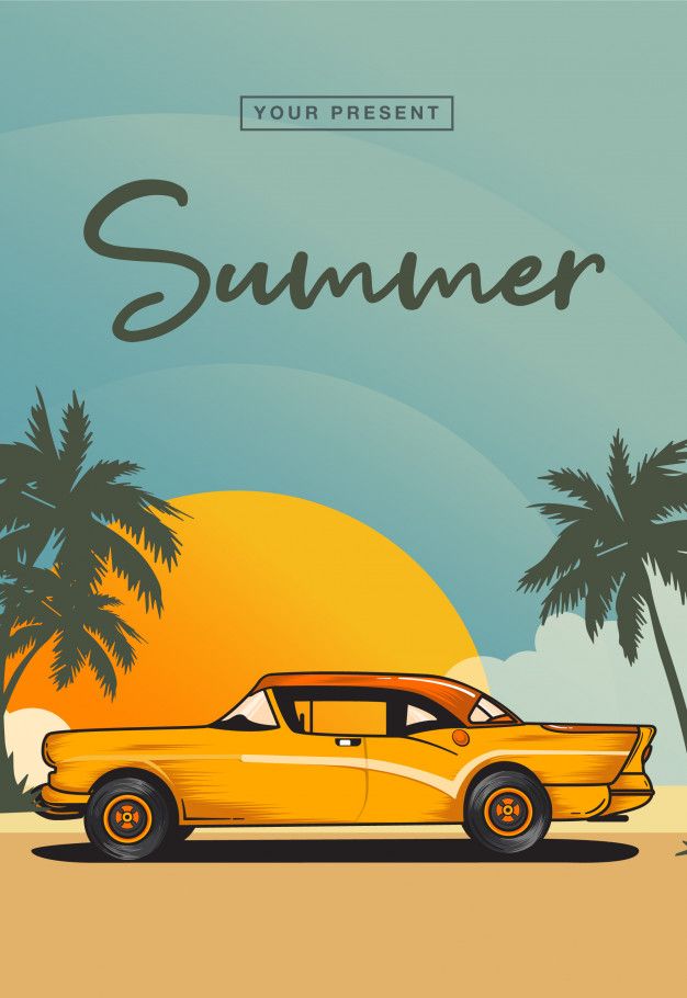 a yellow car parked on the beach with palm trees in the background and an orange sunset behind it