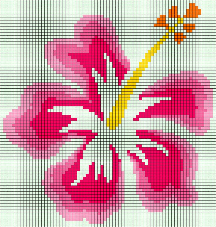 a cross stitch pattern with a pink flower on it's center and two yellow flowers in the middle