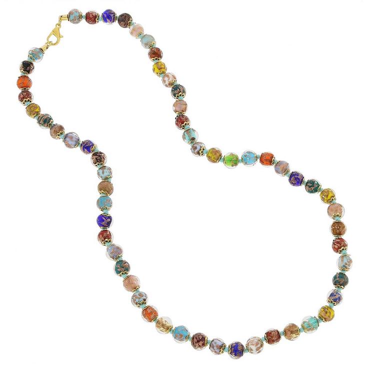 Fun, colorful, and unique, this Murano Glass Sommerso Necklace is a perfect accessory to jazz up your look. The beauty of Murano Glass shimmering with copper sparkles inside makes this necklace stand out with the style that is elegant and modern, yet rooted in the long tradition of Murano glass-making, inspired by the glass craftsmanship practices of Ancient Egypt and Byzantium. Contemporary Murano craftsmen, who come from the long lineage of Venetian glass artisans, used the complex Sommerso an Luxury Multicolor Murano Glass Jewelry, Luxury Multicolor Murano Glass Necklaces, Elegant Multicolor Single Strand Beaded Necklace, Elegant Multicolor Crystal Necklaces With Colorful Beads, Elegant Multicolor Crystal Necklace, Colorful Round Beads Necklaces For Party, Multicolor Glass Necklace For Party, Multicolor Glass Necklaces For Party, Party Glass Single Strand Necklaces