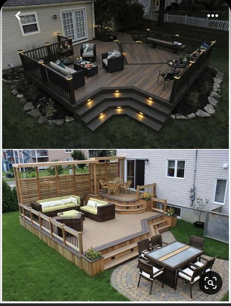 an outdoor deck and patio with lights on it