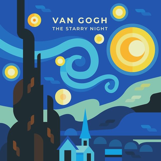 the starry night by van gogh is an art deco poster that features a church and full moon