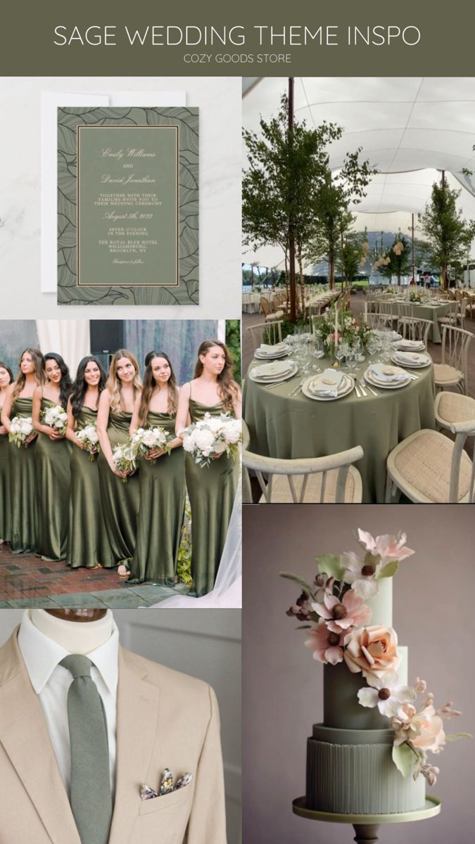 a collage of photos with green and white color scheme for a wedding in the mountains