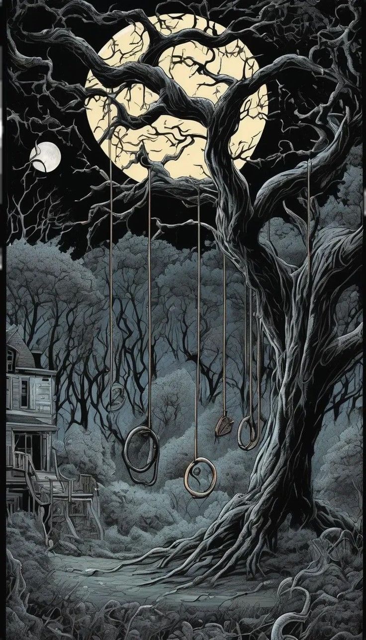 a creepy tree with swings hanging from it's branches in front of a full moon